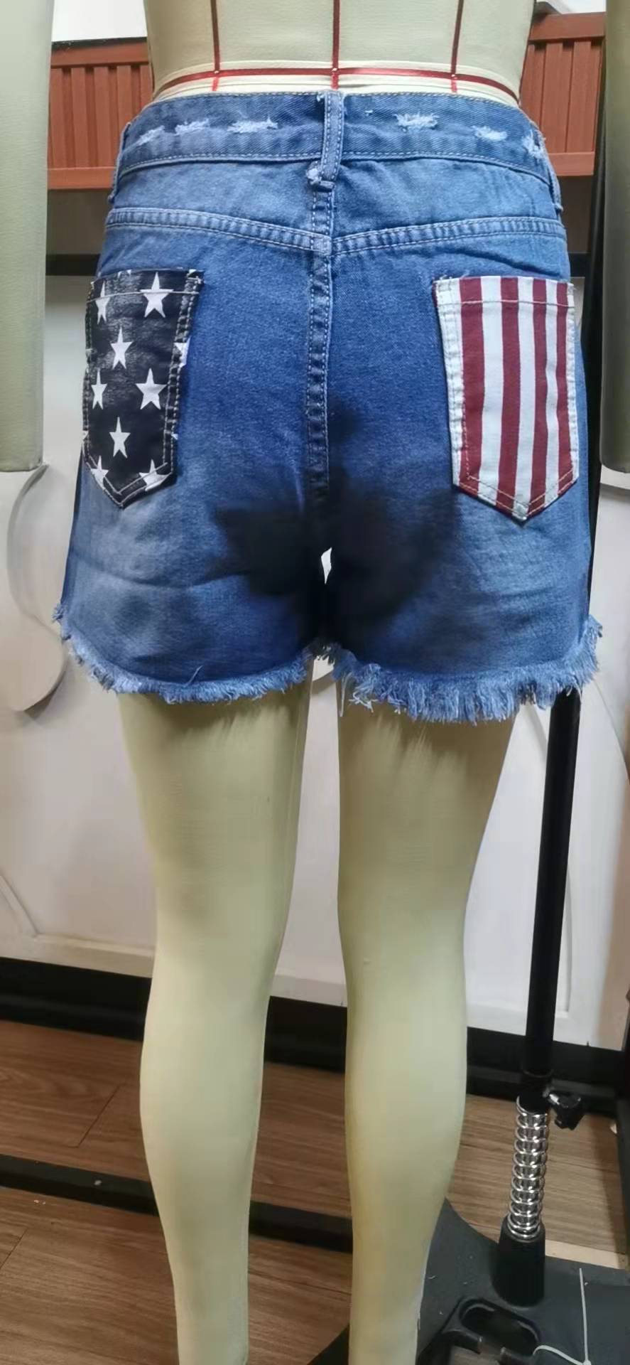 Women USA Flag Casual Summer Mid Waist Stretchy Ripped Denim Jean Shorts