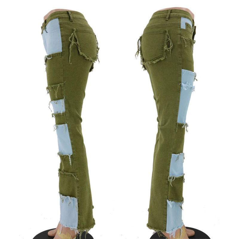 Women's denim trousers Fashion collision color patchwork high waist tight butt