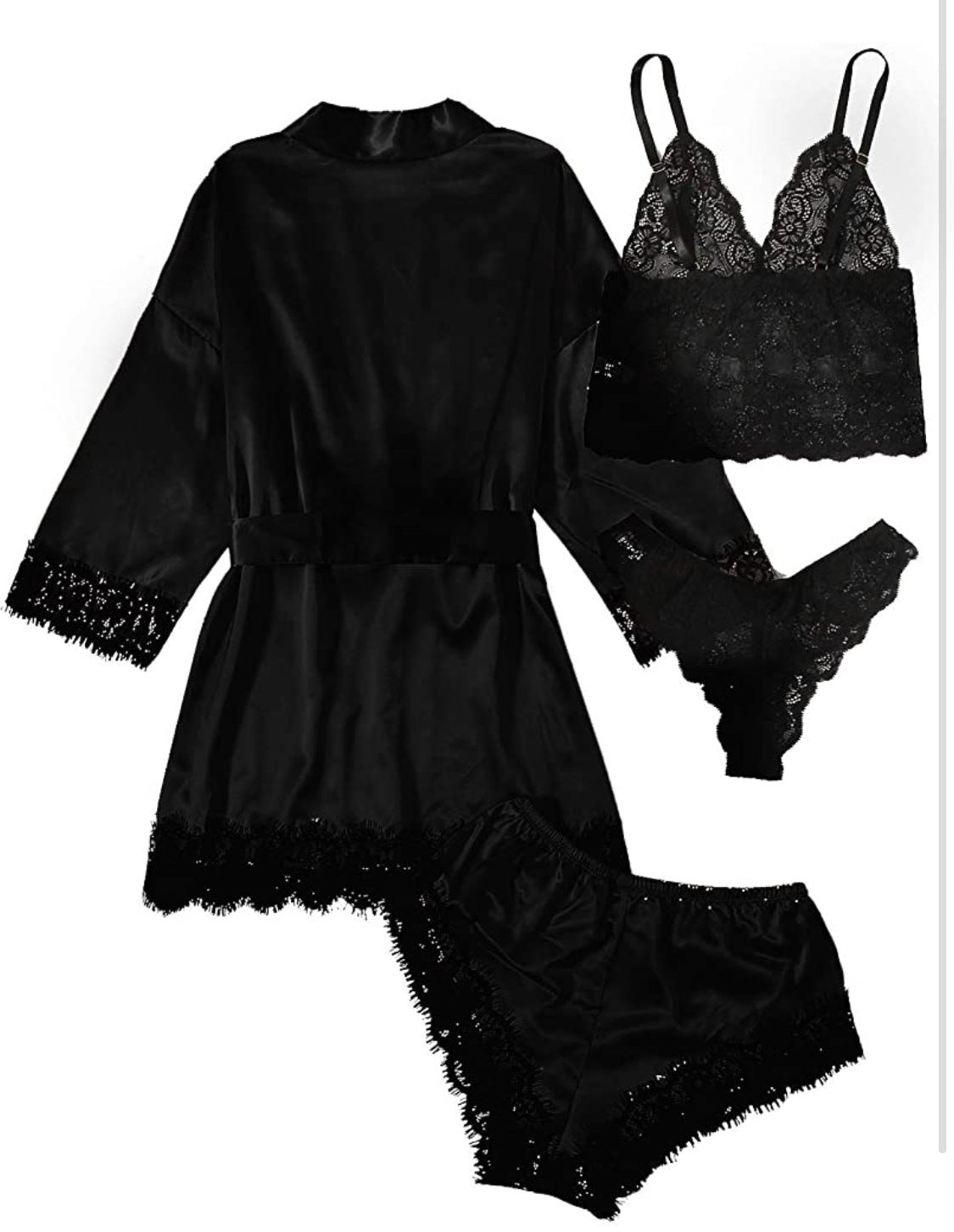 Women's Sleepwear 4pcs Floral Lace Trim Satin Cami Pajama Set with Robe