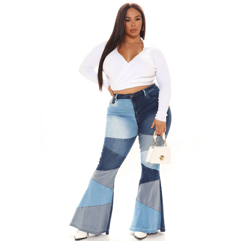 Women's denim trousers Fashion collision color patchwork high waist tight butt