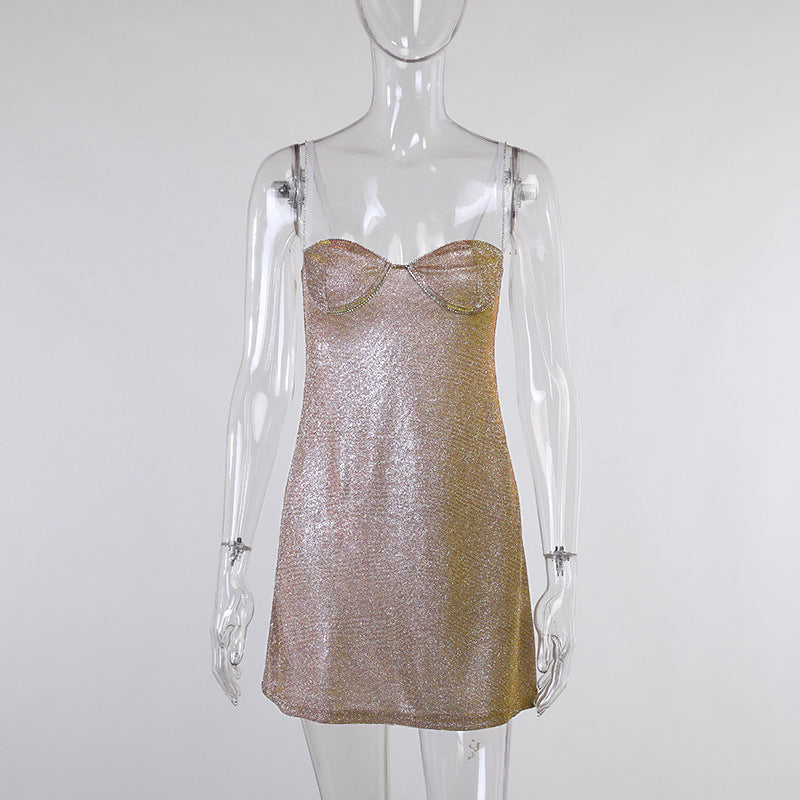 Bright Silk Diamond Women's  Low Neck Sleeveless Backless Glitter Slip Dress