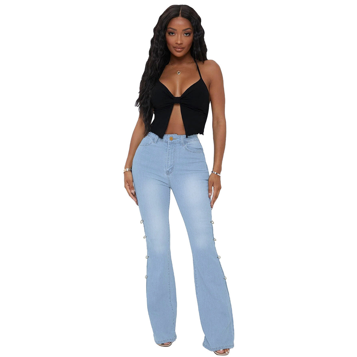 Women's High Waist Vintage Stretch Metal Embellished Denim Flared Pants