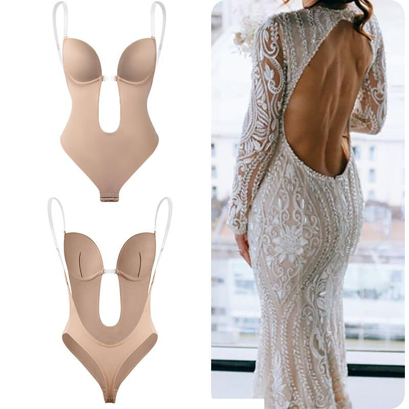 Women's Backless Shapewear U Plunge Seamless Thong Full Lace Deep V Neck Bodysuit