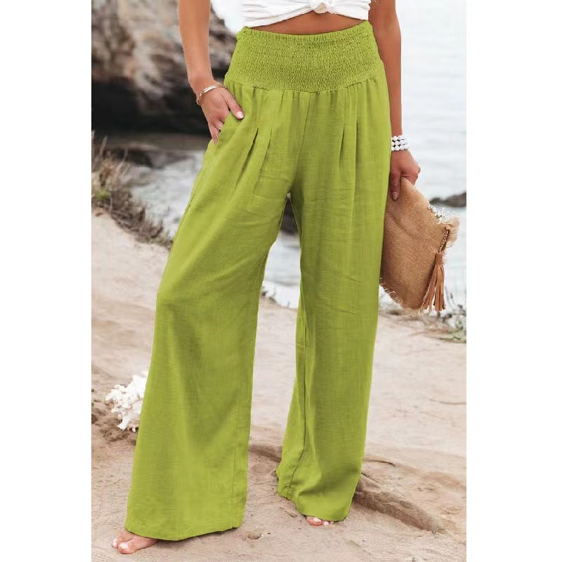 Women's casual wide-leg cotton linen burst loose trousers