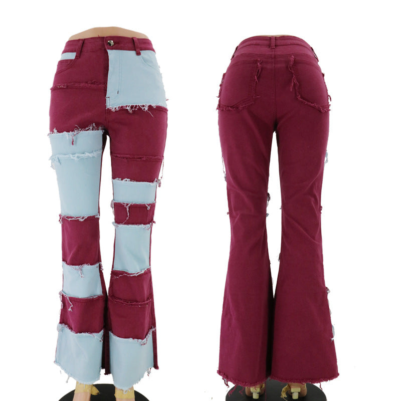 Women's denim trousers Fashion collision color patchwork high waist tight butt
