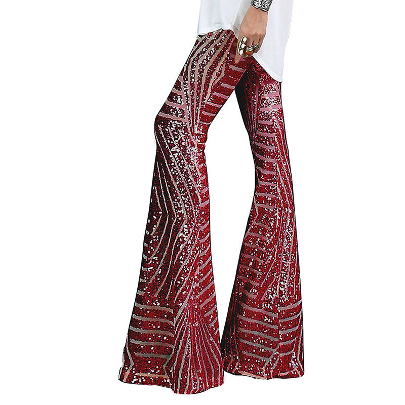 Women High Waist Wide Leg Palazzo Lounge Pants Sequin Bell Bottoms Trousers