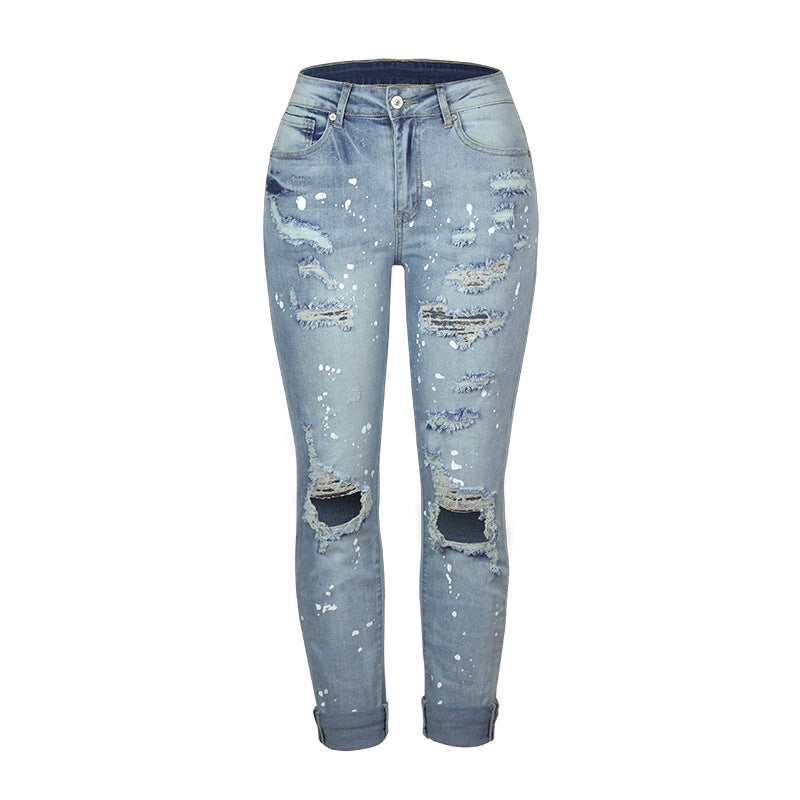 Women High Elasticity Mid-Waist Distressed Retro Ripped Straight Legs Denim Jeans