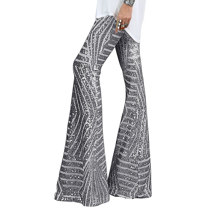 Women High Waist Wide Leg Palazzo Lounge Pants Sequin Bell Bottoms Trousers