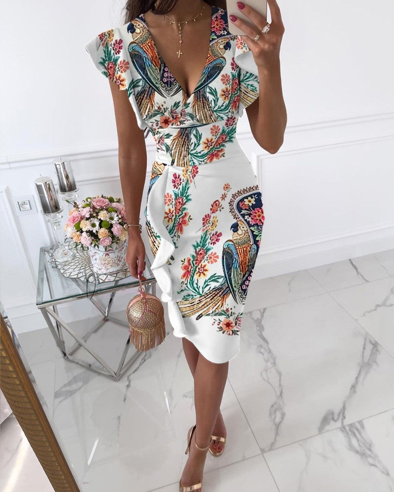 Woman Slim fit sexy V-neck ruffled skirt in lotus leaf