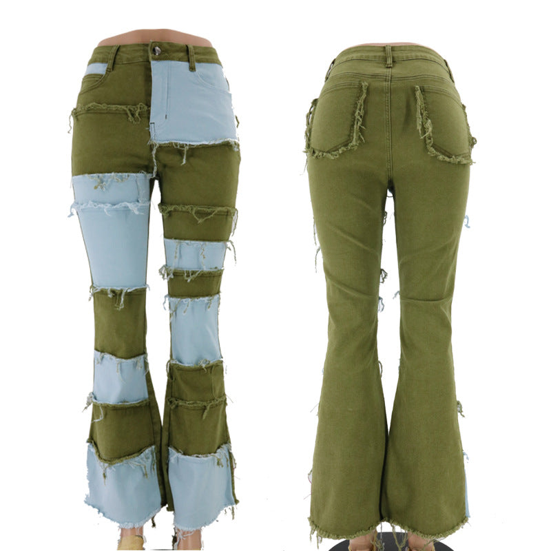 Women's denim trousers Fashion collision color patchwork high waist tight butt