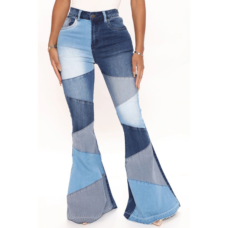 Women's denim trousers Fashion collision color patchwork high waist tight butt