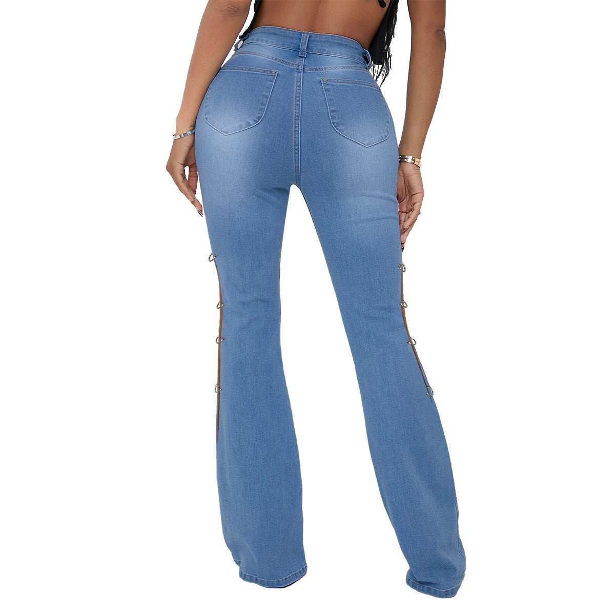 Women's High Waist Vintage Stretch Metal Embellished Denim Flared Pants