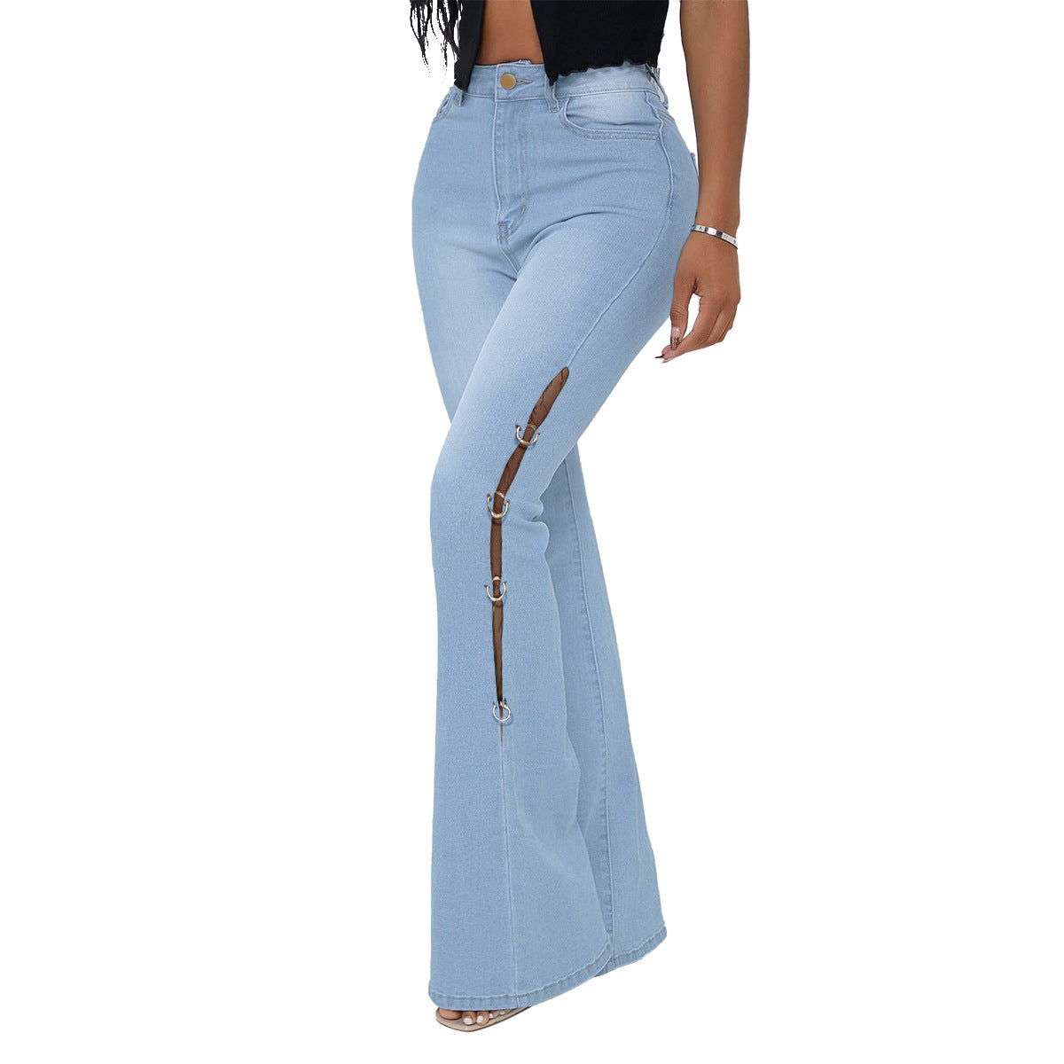 Women's High Waist Vintage Stretch Metal Embellished Denim Flared Pants