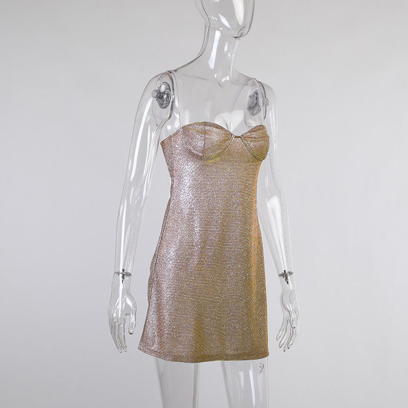 Bright Silk Diamond Women's  Low Neck Sleeveless Backless Glitter Slip Dress