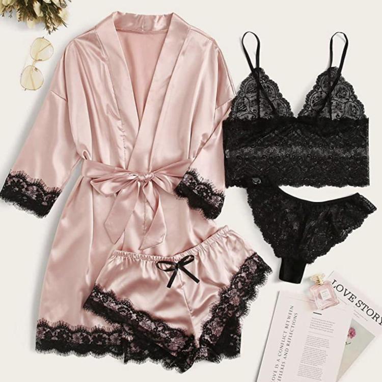 Women's Sleepwear 4pcs Floral Lace Trim Satin Cami Pajama Set with Robe