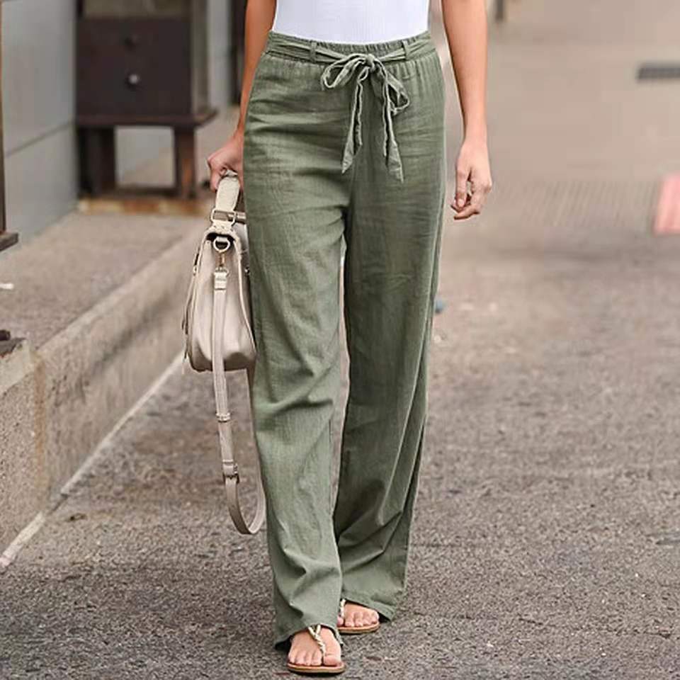Women's Loose Elastic Waist Solid Color Cotton Linen Wide Leg Pants