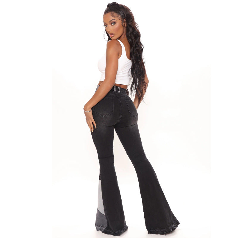 Women's denim trousers Fashion collision color patchwork high waist tight butt