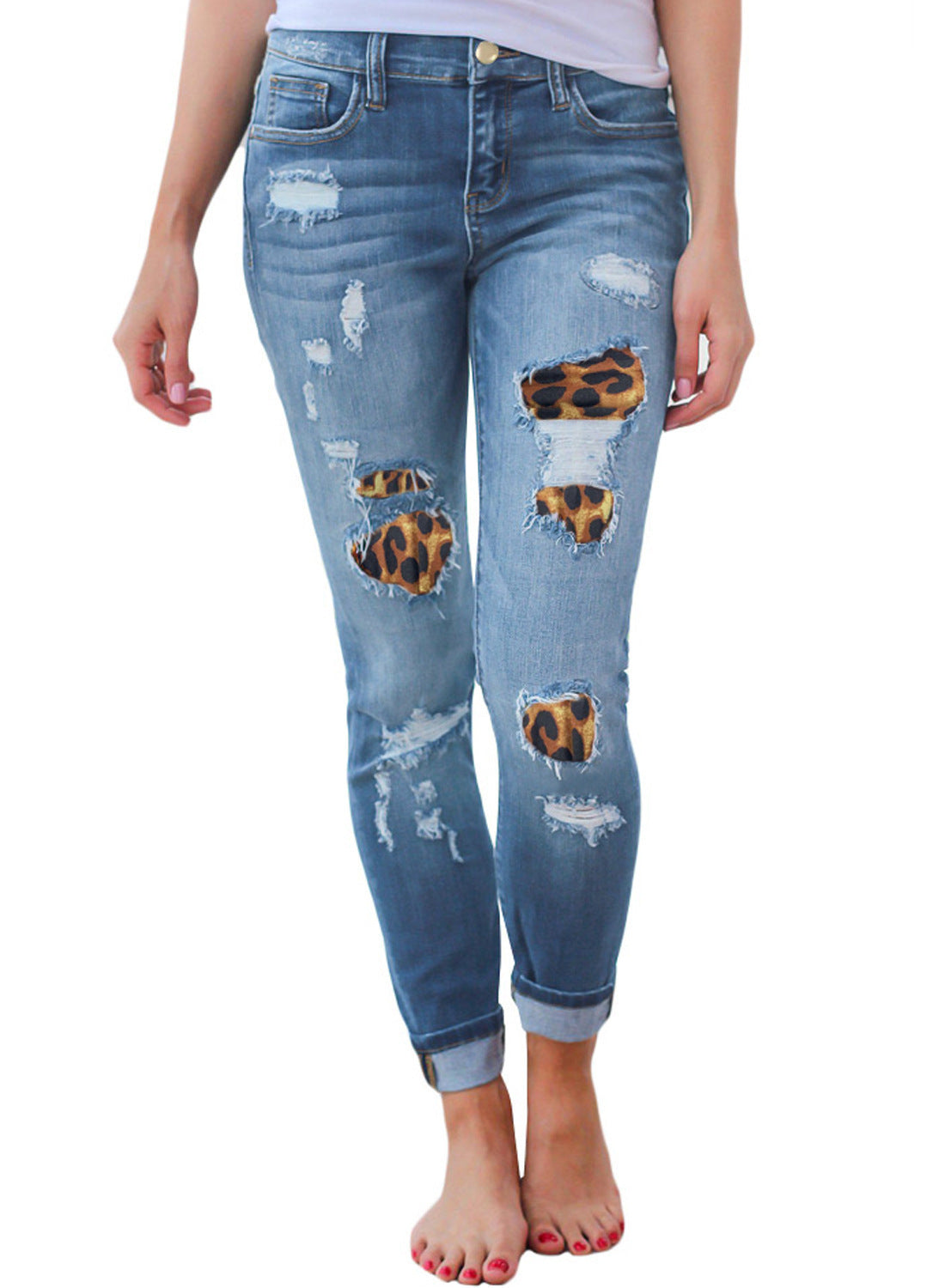 Fashion Women Distressed Stretch Denim Pants Ripped High Rise Skinny