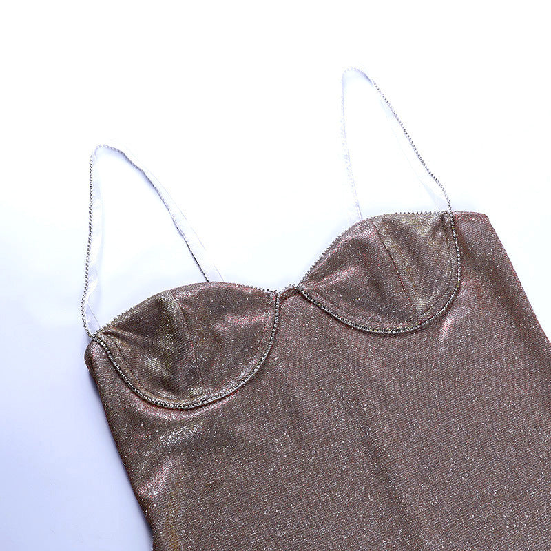 Bright Silk Diamond Women's  Low Neck Sleeveless Backless Glitter Slip Dress
