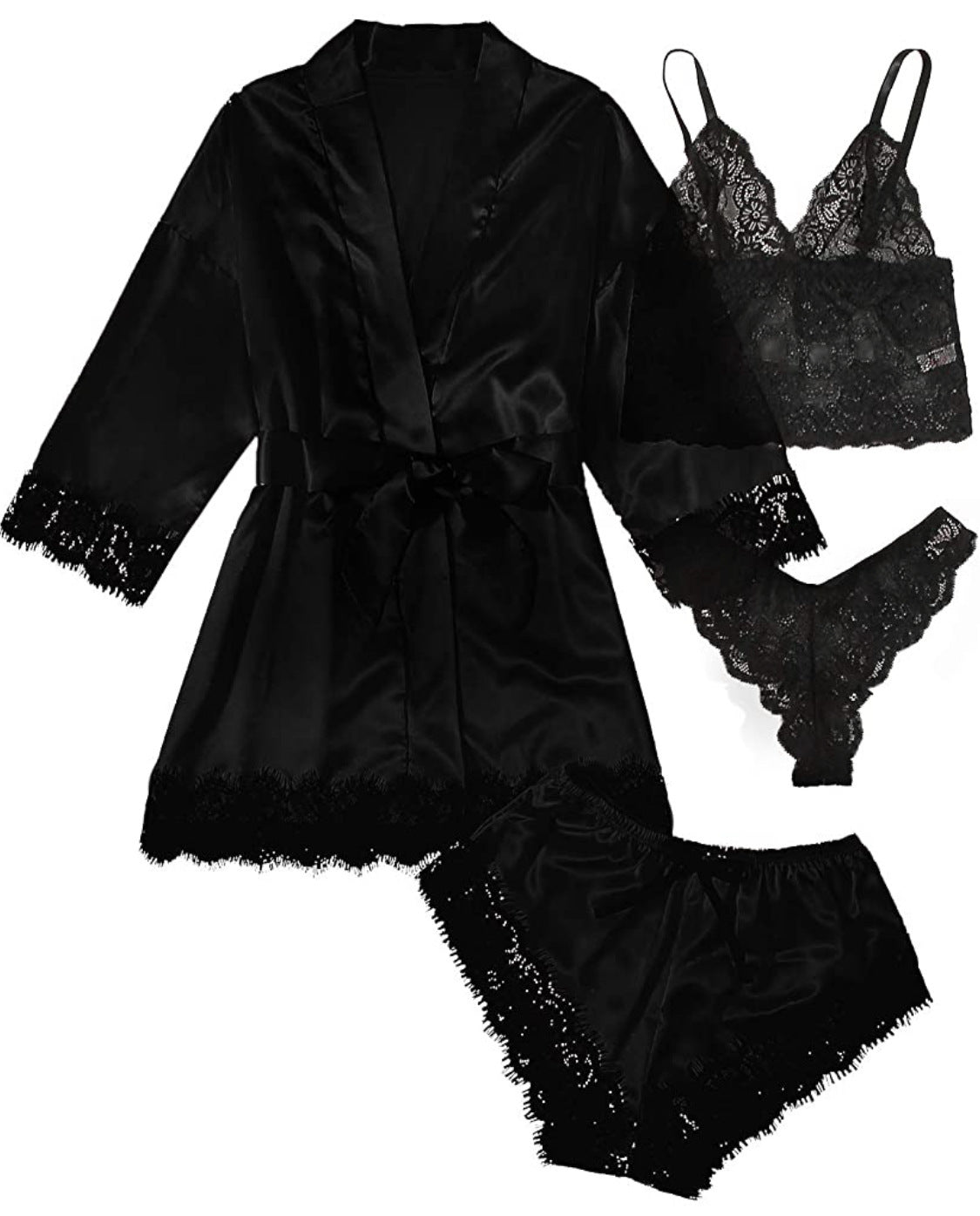 Women's Sleepwear 4pcs Floral Lace Trim Satin Cami Pajama Set with Robe