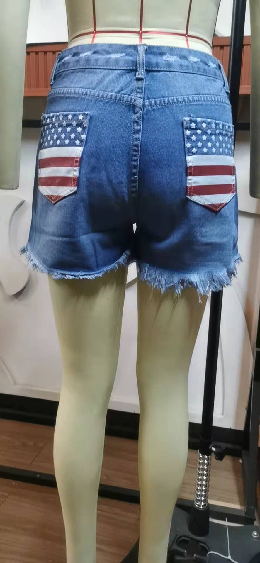 Women USA Flag Casual Summer Mid Waist Stretchy Ripped Denim Jean Shorts