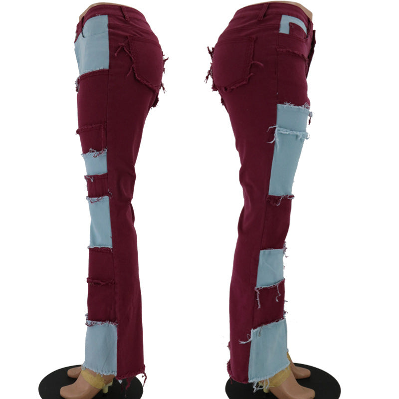 Women's denim trousers Fashion collision color patchwork high waist tight butt