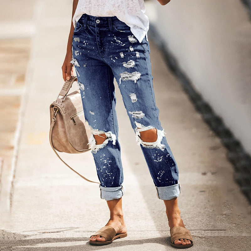 Women High Elasticity Mid-Waist Distressed Retro Ripped Straight Legs Denim Jeans