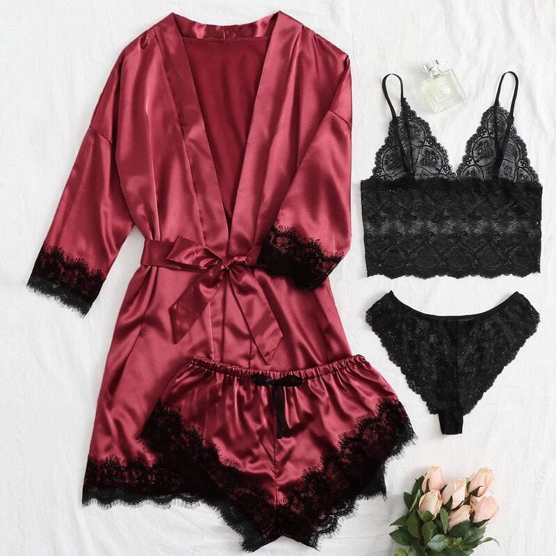 Women's Sleepwear 4pcs Floral Lace Trim Satin Cami Pajama Set with Robe