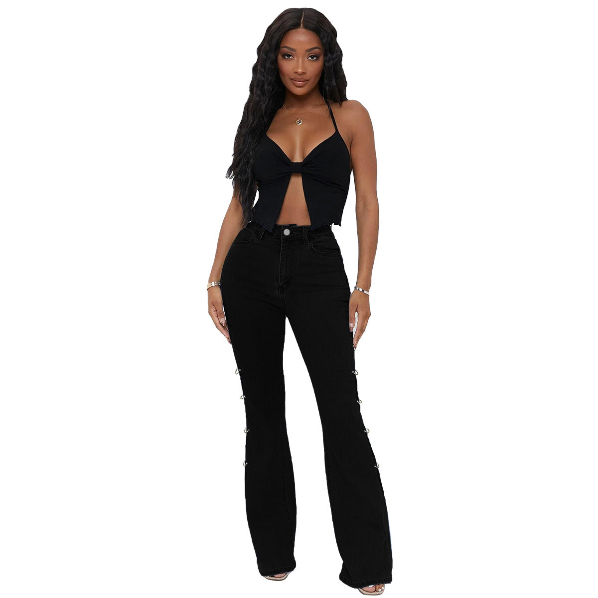Women's High Waist Vintage Stretch Metal Embellished Denim Flared Pants