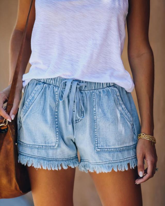 Women's Elastic Waist Drawstring Casual High Waist Denim Shorts