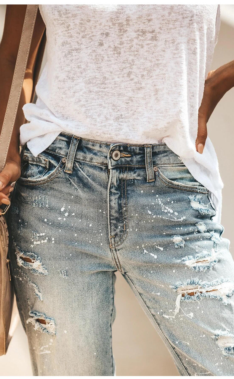 Women High Elasticity Mid-Waist Distressed Retro Ripped Straight Legs Denim Jeans
