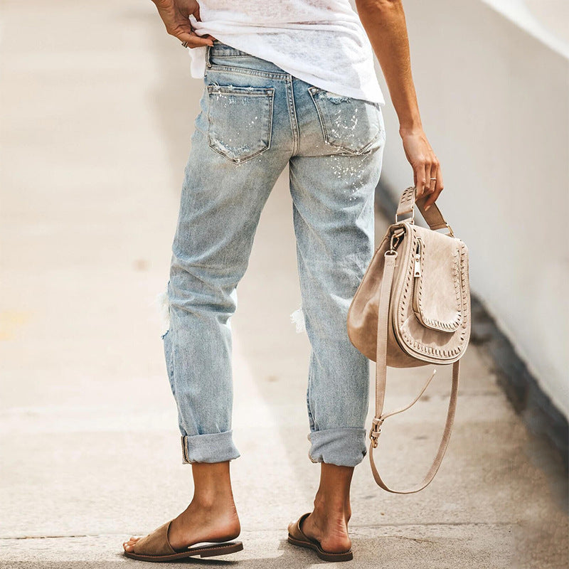 Women High Elasticity Mid-Waist Distressed Retro Ripped Straight Legs Denim Jeans