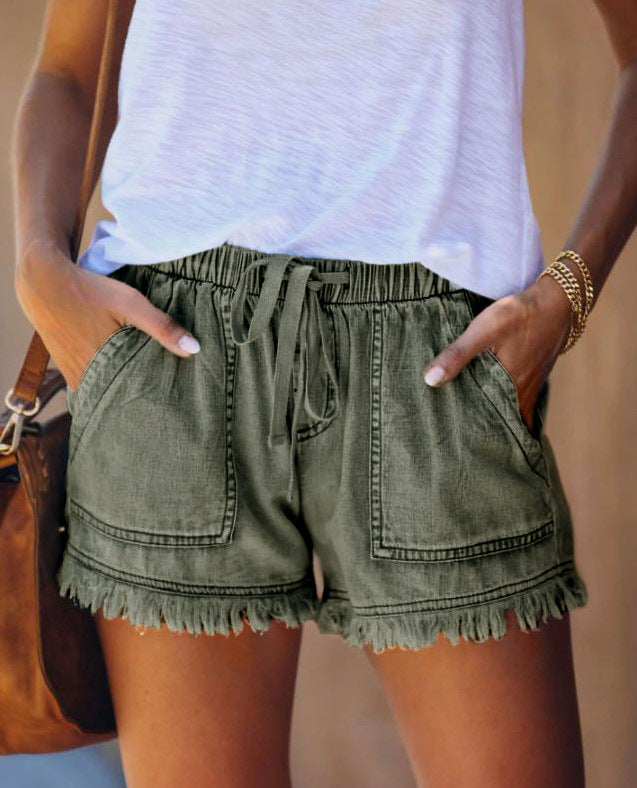 Women's Elastic Waist Drawstring Casual High Waist Denim Shorts