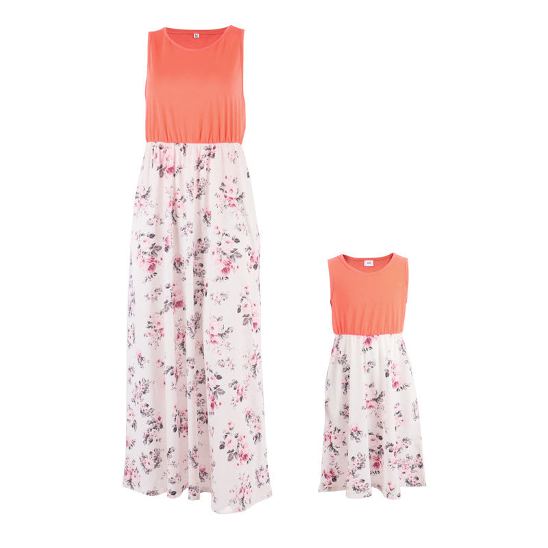 Mommy and Me Dresses Casual Floral Family Outfits Summer Matching Maxi Dress With Pockets