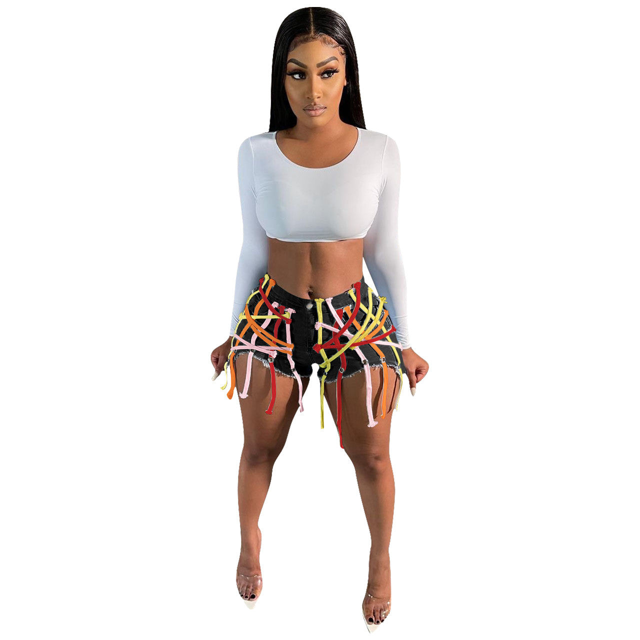 Womens's High Waist Short Jeans Eyelet Bandage Derocation Shorts