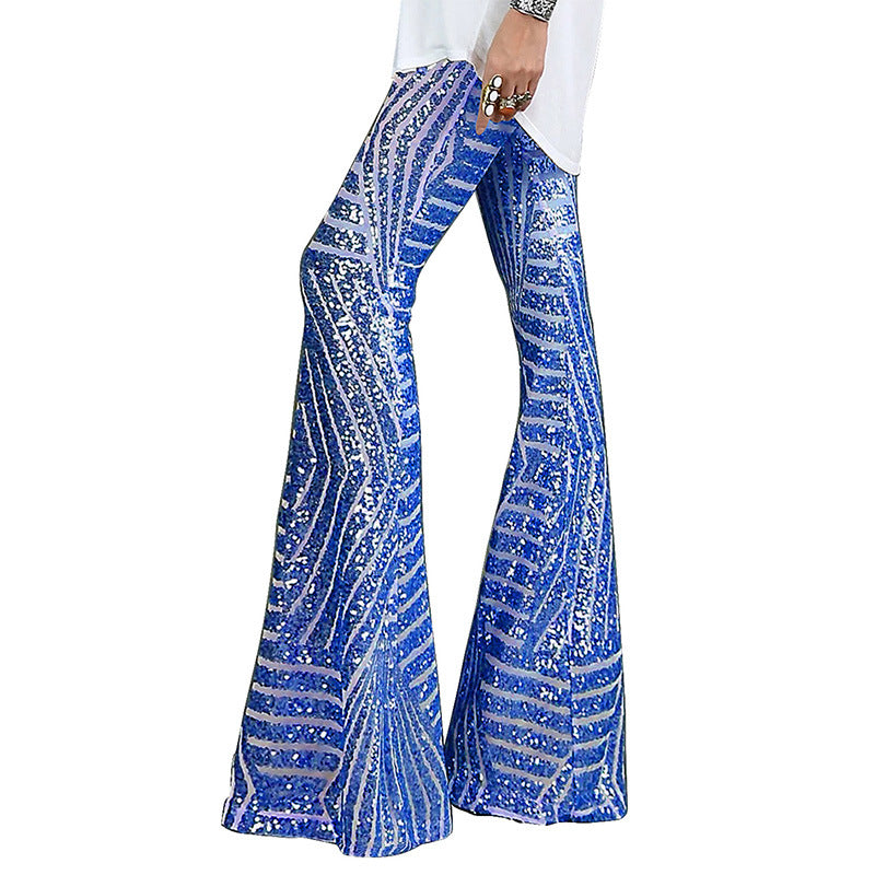 Women High Waist Wide Leg Palazzo Lounge Pants Sequin Bell Bottoms Trousers