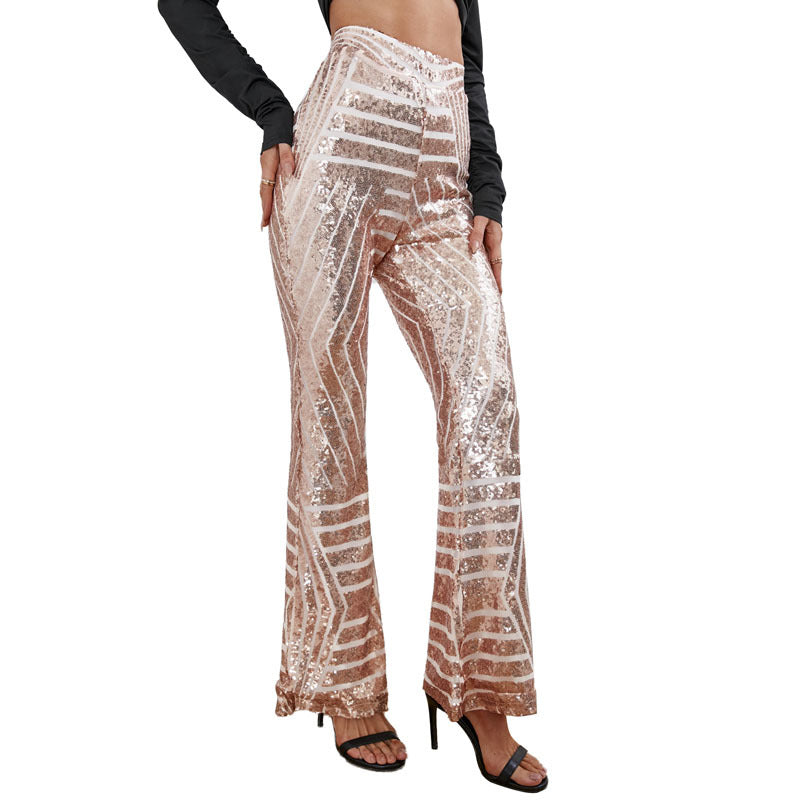 Women High Waist Wide Leg Palazzo Lounge Pants Sequin Bell Bottoms Trousers