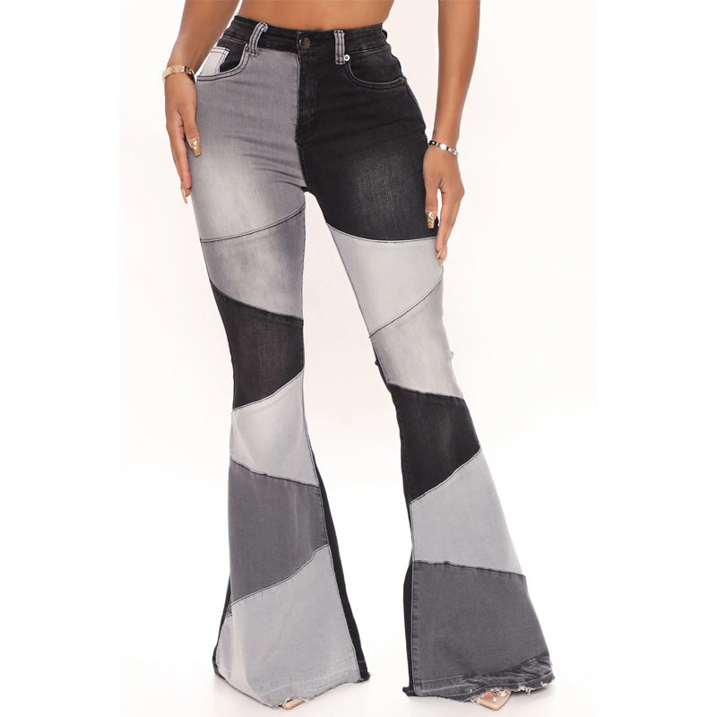Women's denim trousers Fashion collision color patchwork high waist tight butt