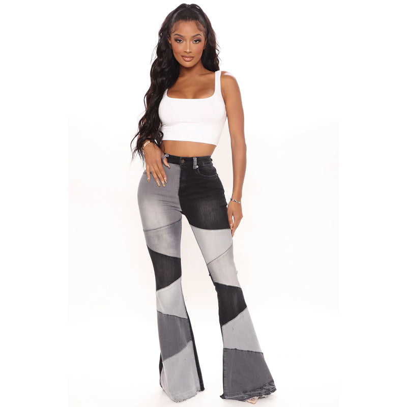 Women's denim trousers Fashion collision color patchwork high waist tight butt