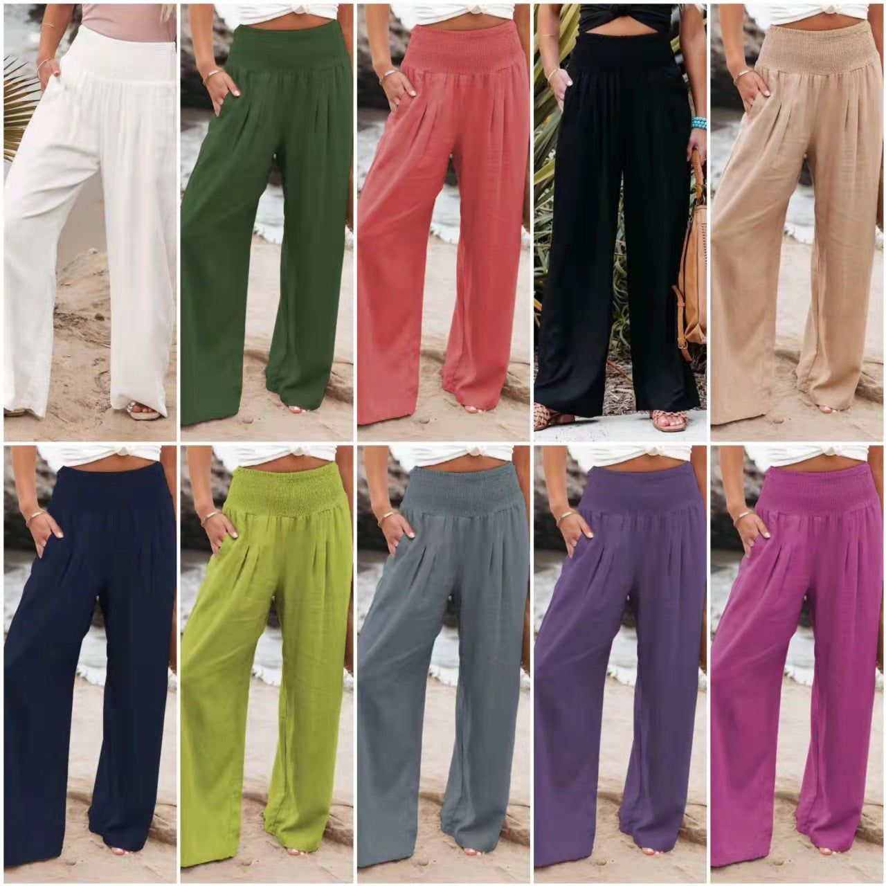 Women's casual wide-leg cotton linen burst loose trousers