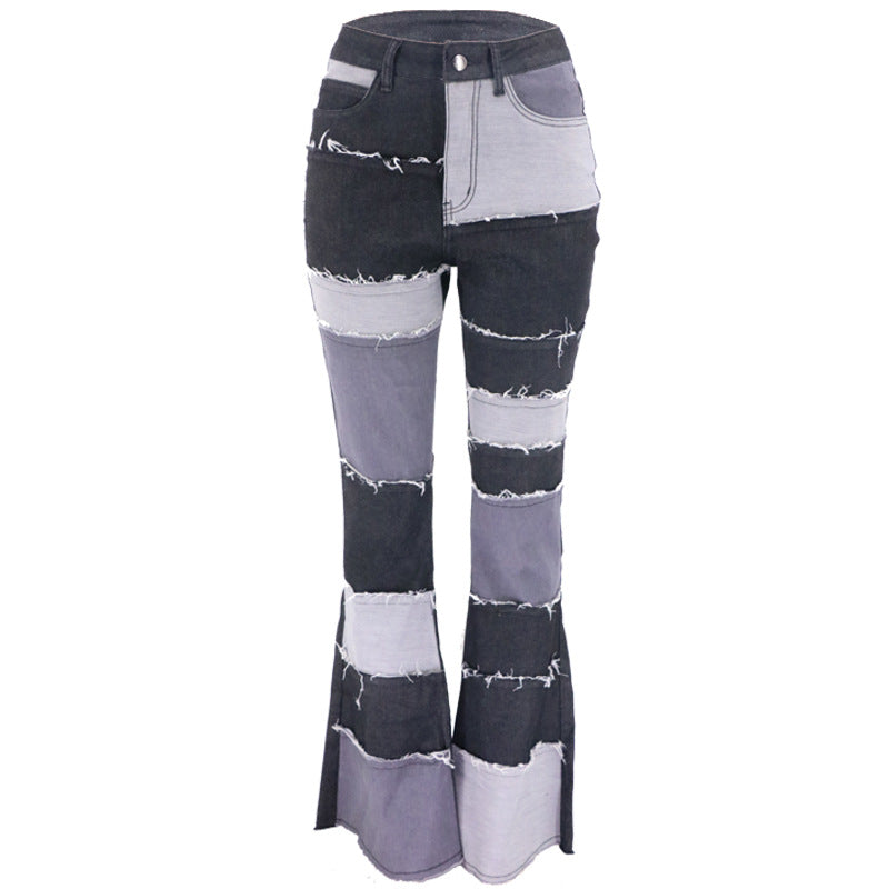 Women's denim trousers Fashion collision color patchwork high waist tight butt