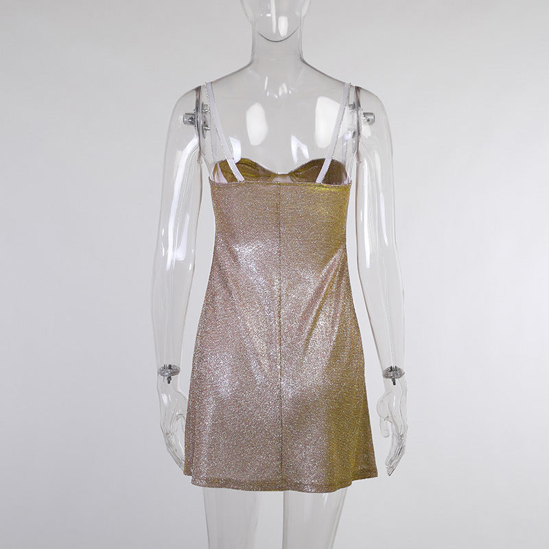 Bright Silk Diamond Women's  Low Neck Sleeveless Backless Glitter Slip Dress