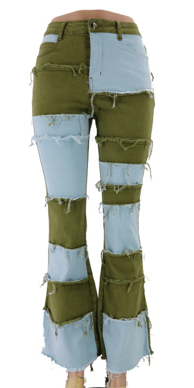 Women's denim trousers Fashion collision color patchwork high waist tight butt