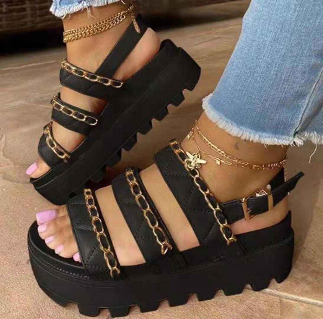2021 Women Flat Platform Sandals Soft Leather Buckle Thick-soled Metal Cufflinks Sandals