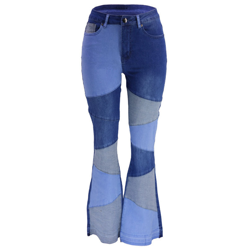 Women's denim trousers Fashion collision color patchwork high waist tight butt