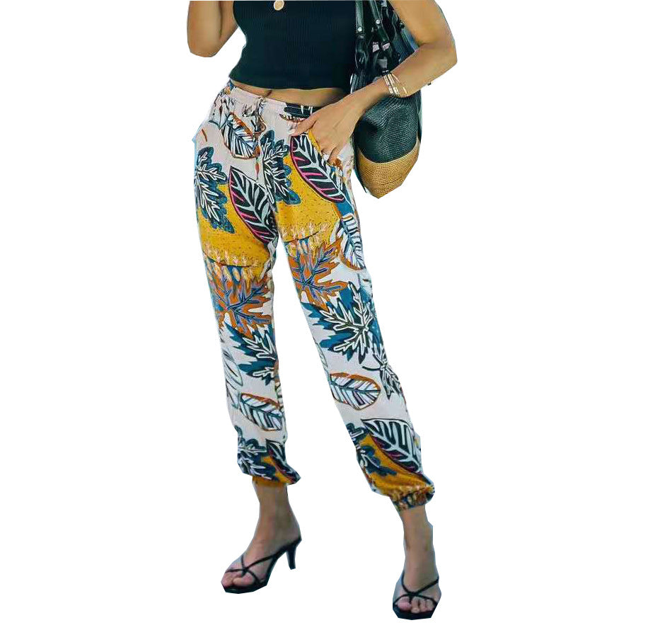 2021 New Women Retro Pocket Multicolor Printed Loose Trousers
