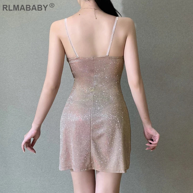Bright Silk Diamond Women's  Low Neck Sleeveless Backless Glitter Slip Dress