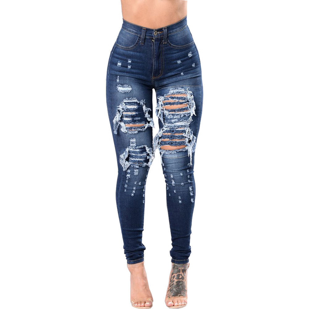Fashion Women Distressed Stretch Denim Pants Ripped High Rise Skinny