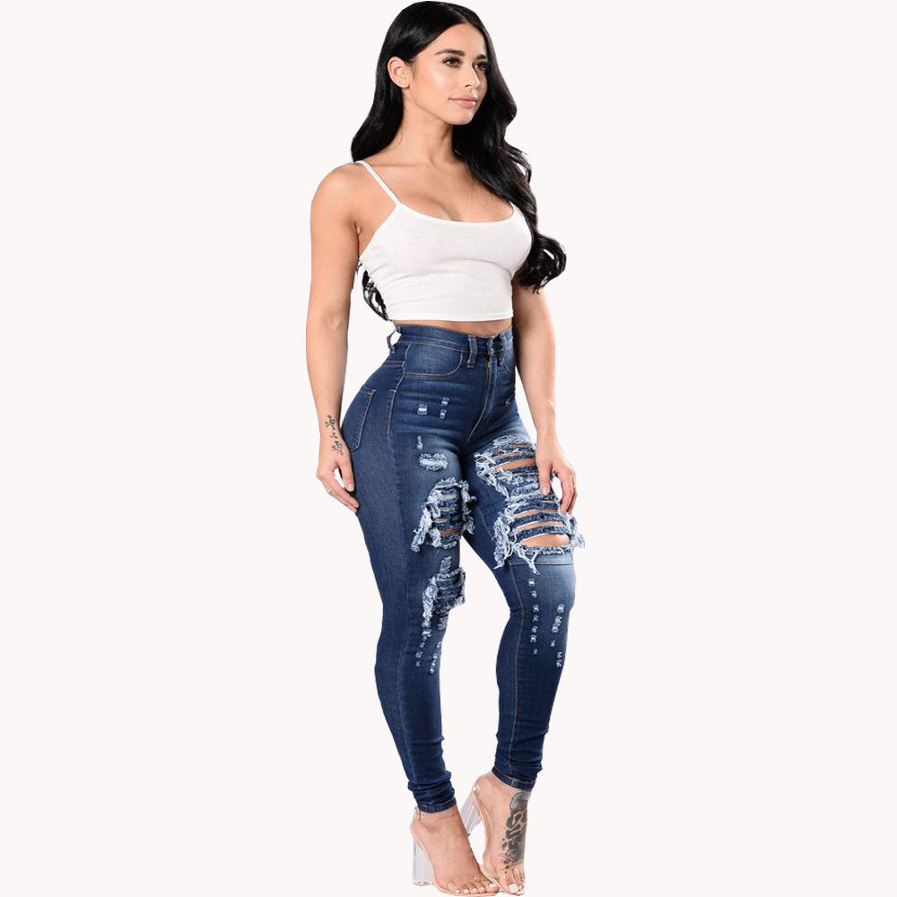 Fashion Women Distressed Stretch Denim Pants Ripped High Rise Skinny