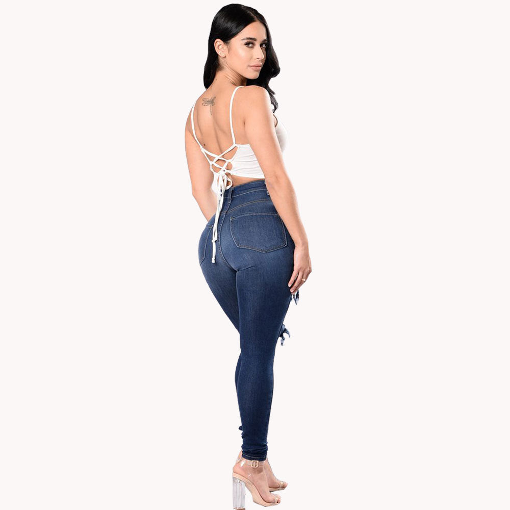Fashion Women Distressed Stretch Denim Pants Ripped High Rise Skinny